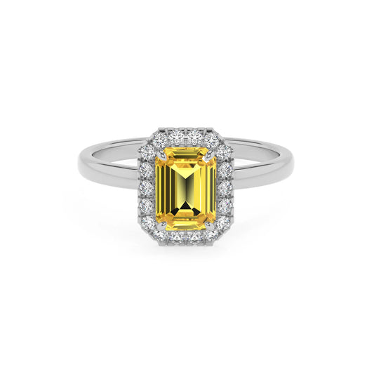 lab grown yellow-sapphire emerald cut solitaire rings in white gold 