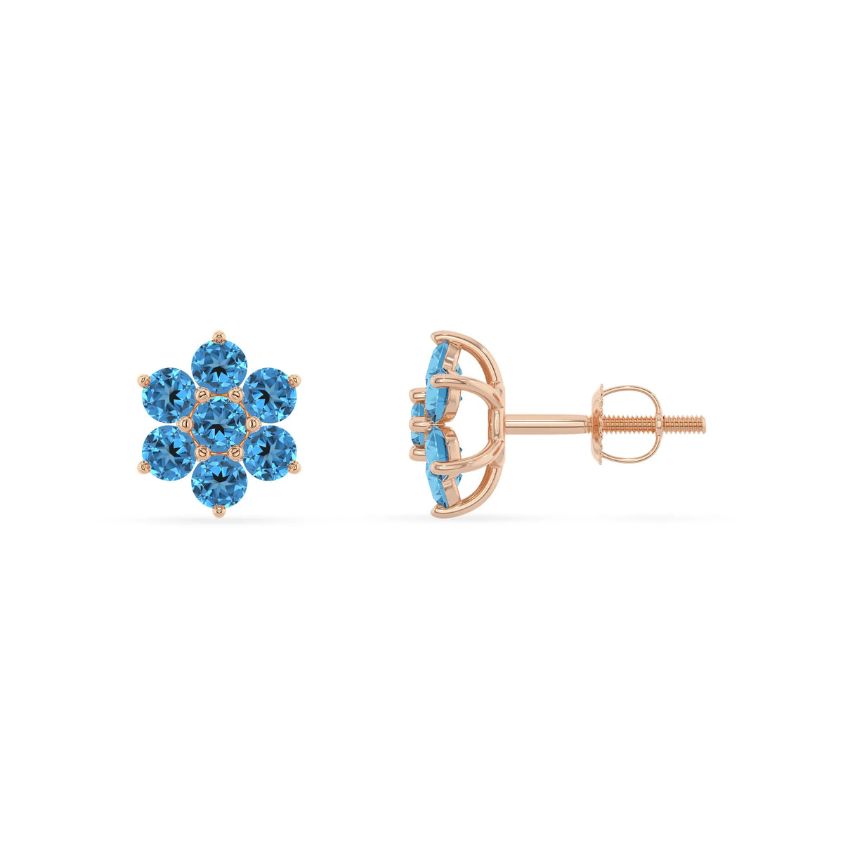 natural swiss blue topaz round stud earrings in rose gold 