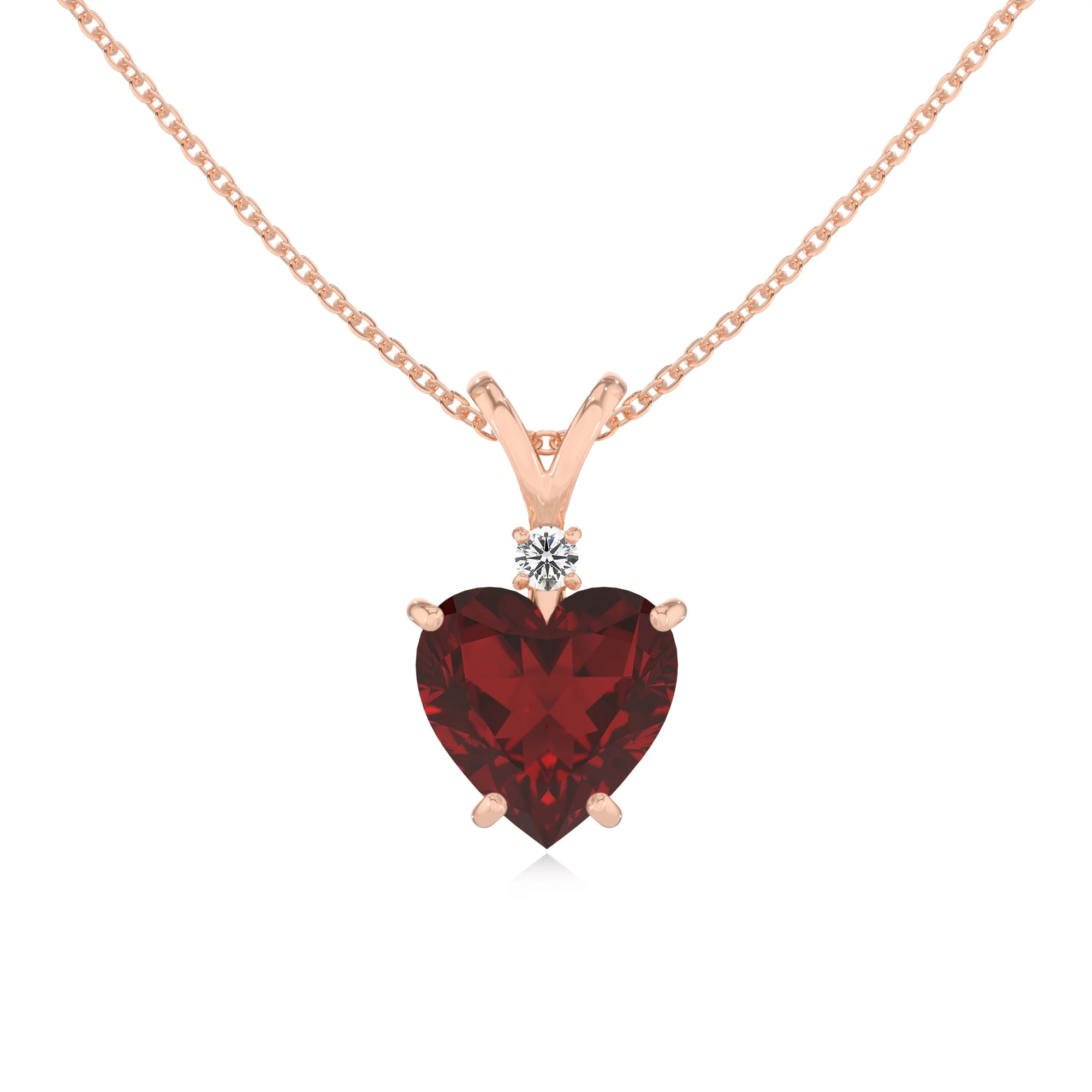 natural garnet heart solitaire v-bale necklaces in rose gold 