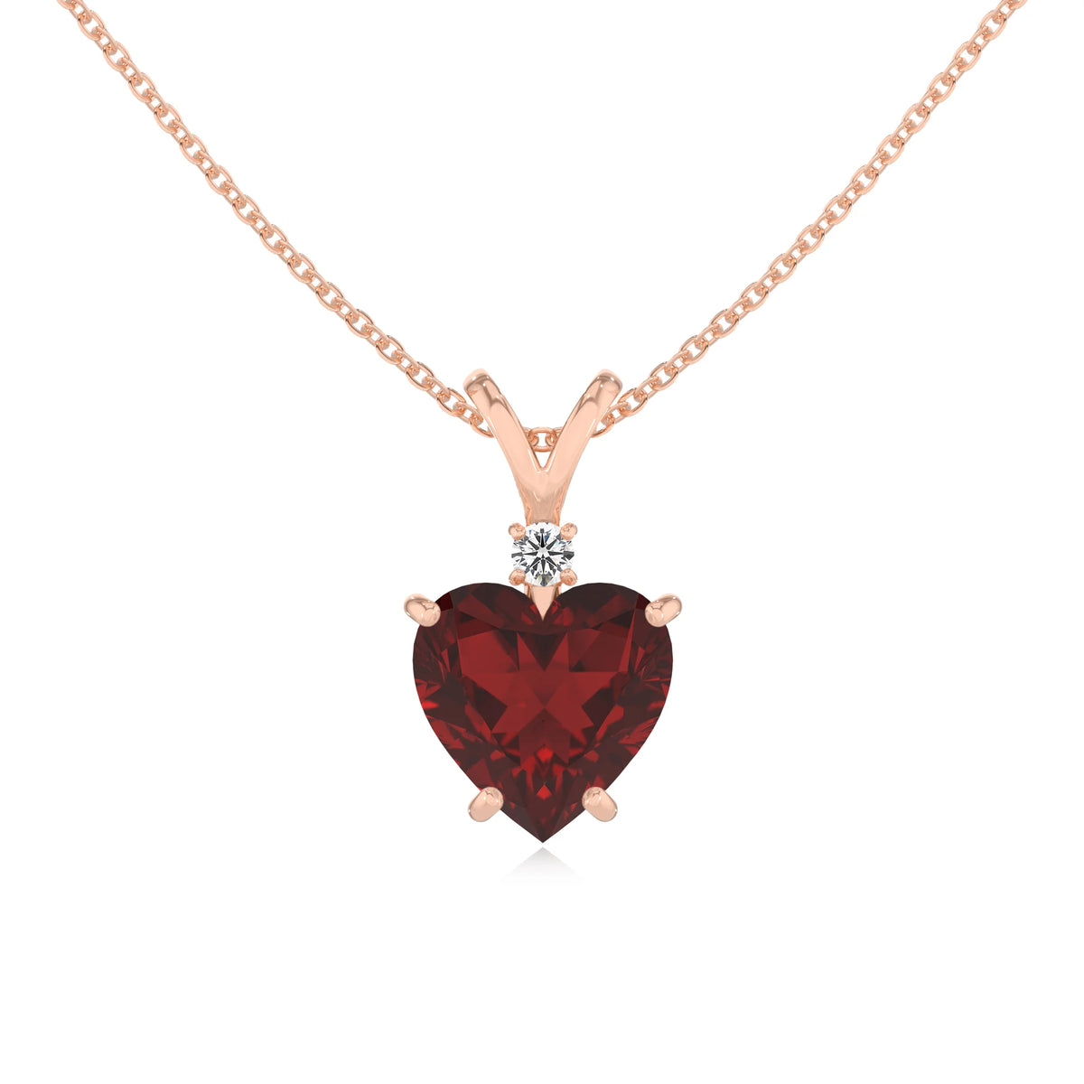 natural garnet heart solitaire v-bale necklaces in rose gold 