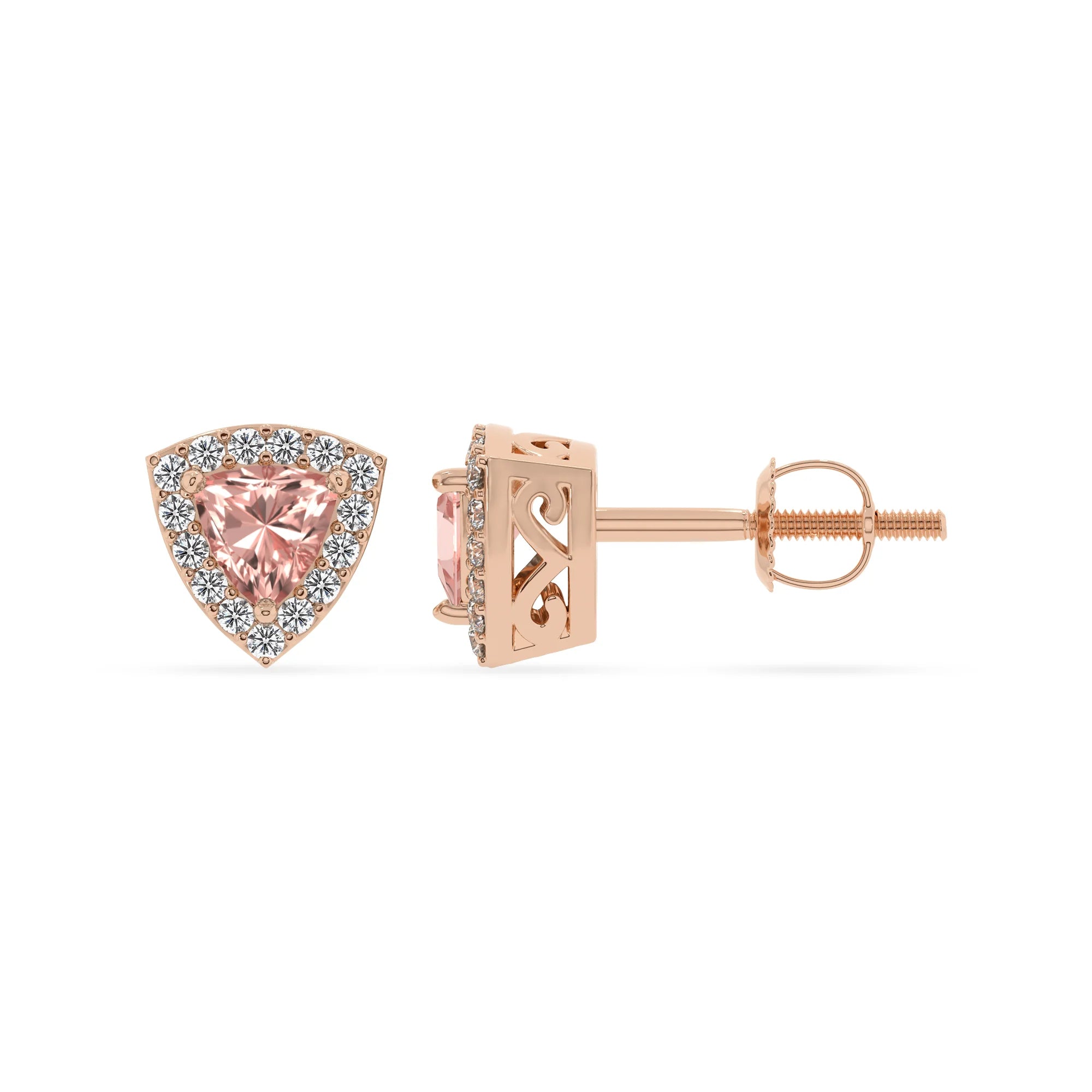 lab grown morganite trillion stud earrings in rose gold 