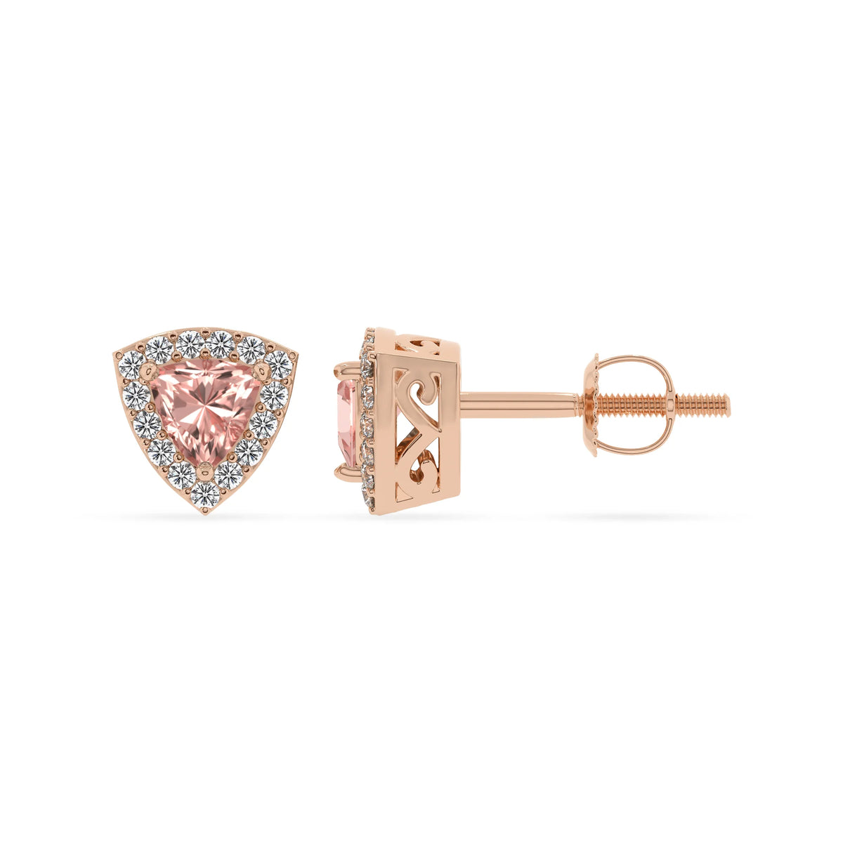 lab grown morganite trillion stud earrings in rose gold 