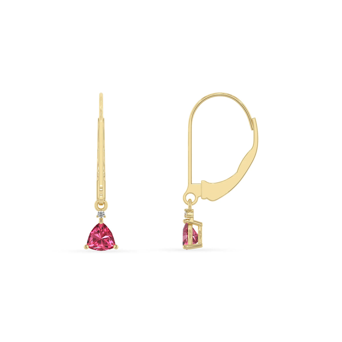 lab grown pink tourmaline trillion drop earrings in yellow gold 