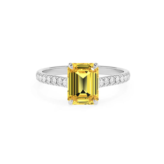 lab grown yellow-sapphire emerald cut half eternity solitaire engagement rings in white gold 