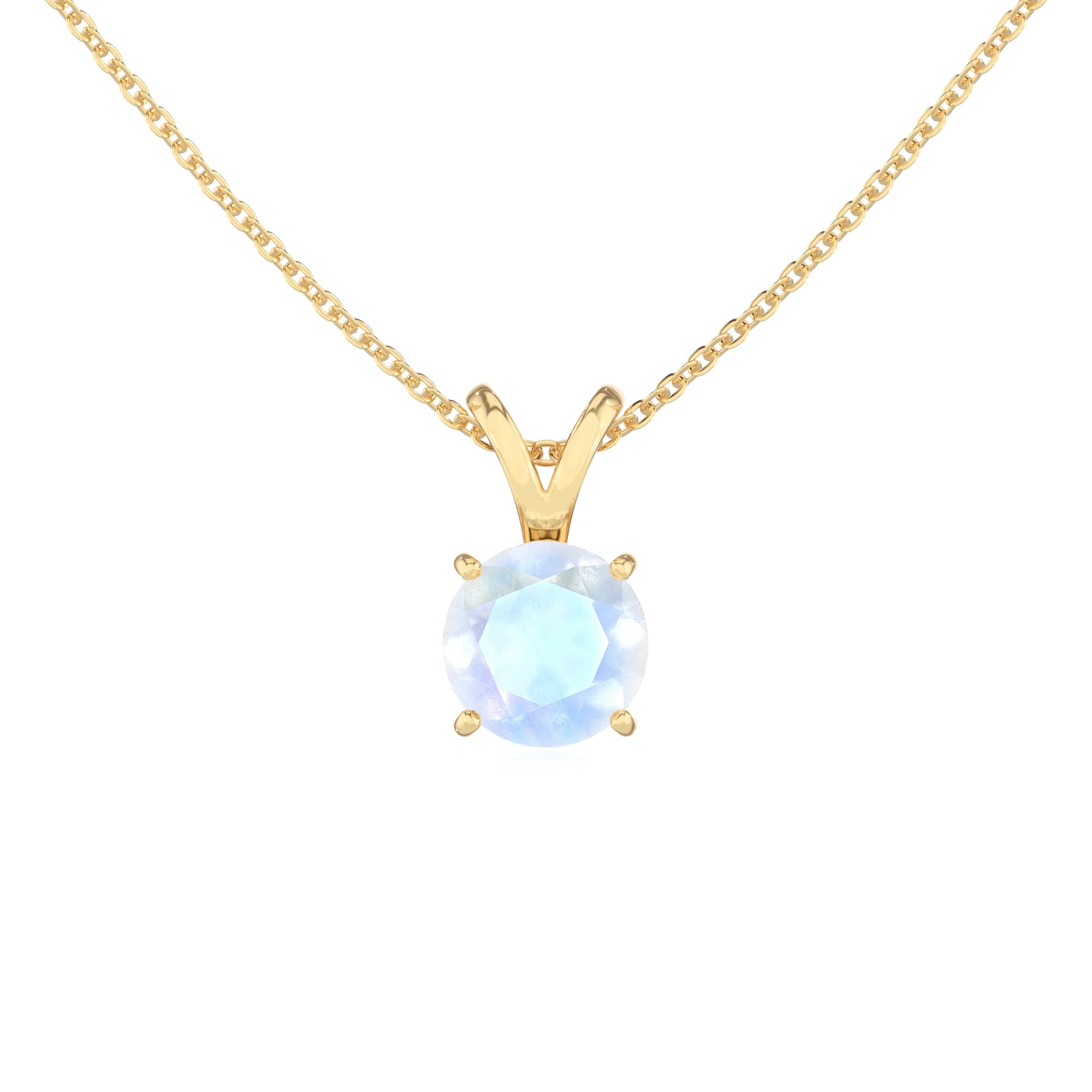 natural rainbow-moonstone round solitaire v-bale necklaces in yellow gold 