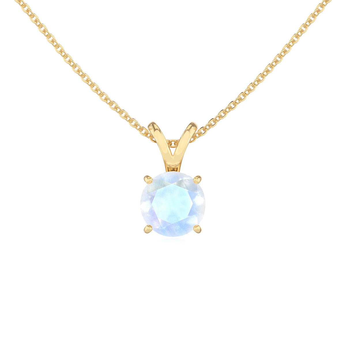 natural rainbow-moonstone round solitaire v-bale necklaces in yellow gold 