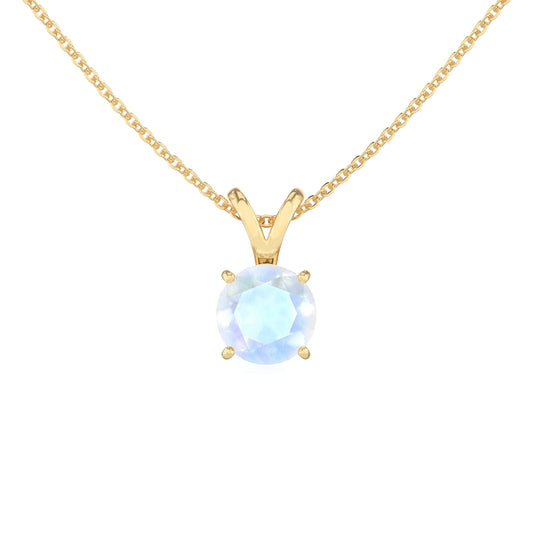 natural rainbow-moonstone round solitaire v-bale necklaces in yellow gold 