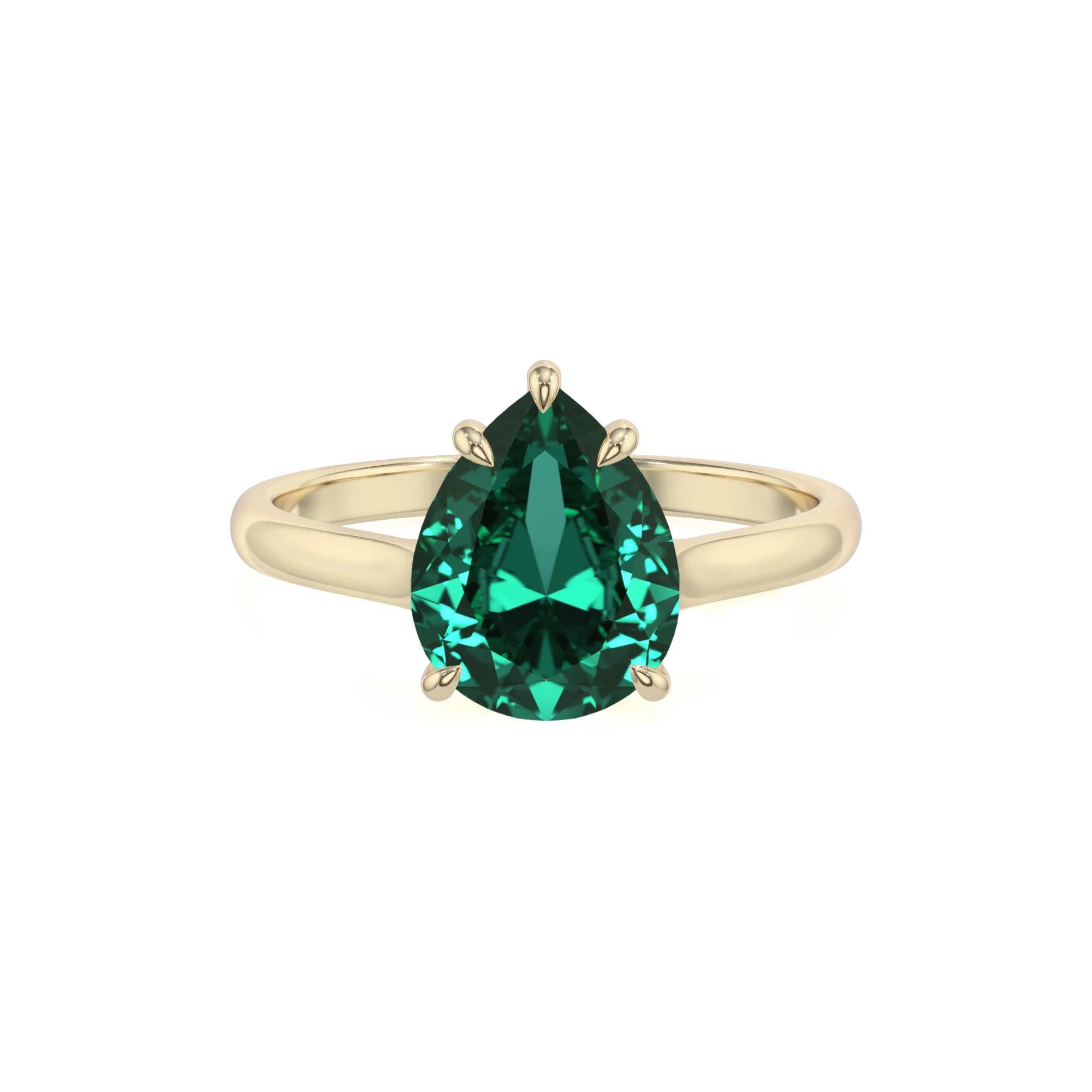 lab grown emerald pear solitaire rings in yellow gold 