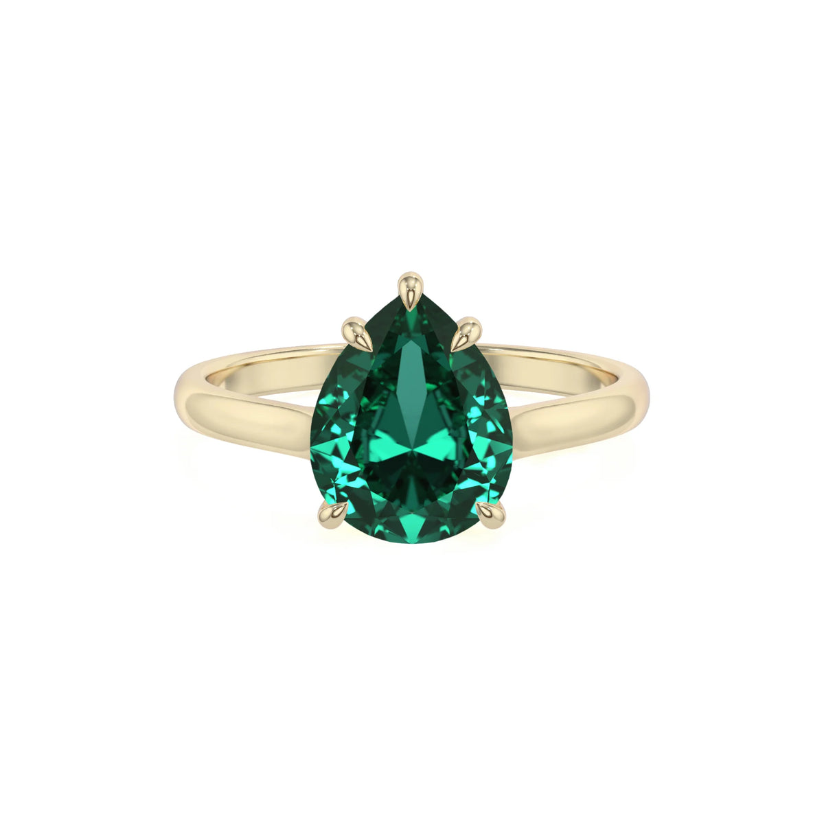 lab grown emerald pear solitaire rings in yellow gold 