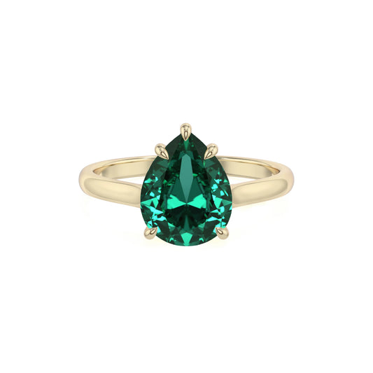 lab grown emerald pear solitaire rings in yellow gold 