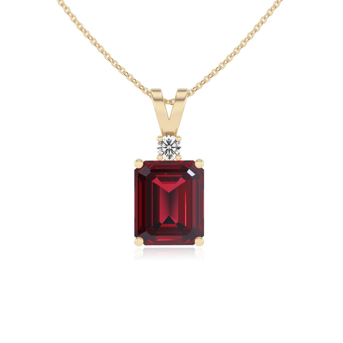 lab grown ruby emerald cut solitaire v-bale necklaces in yellow gold 