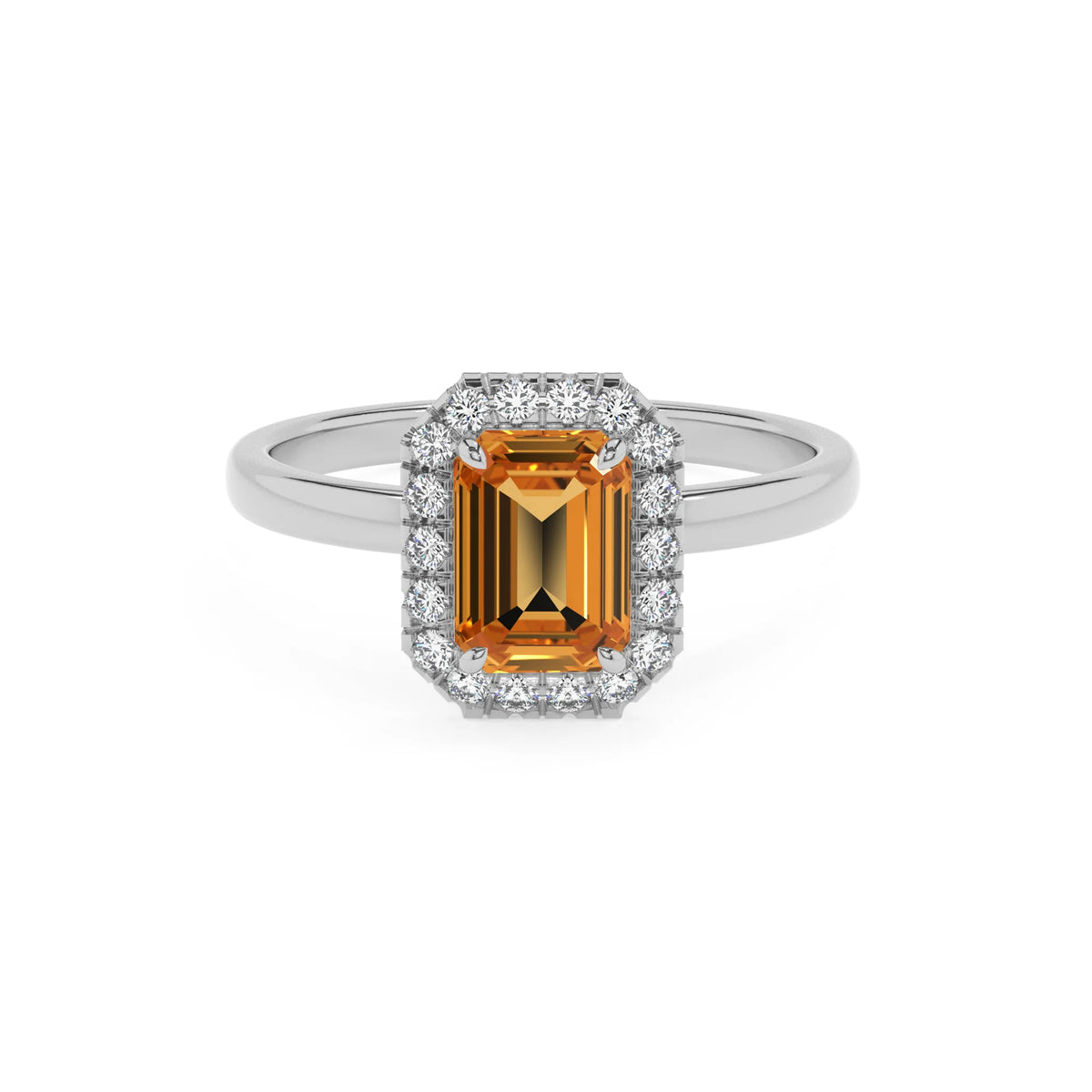 lab grown citrine emerald cut solitaire rings in platinum 