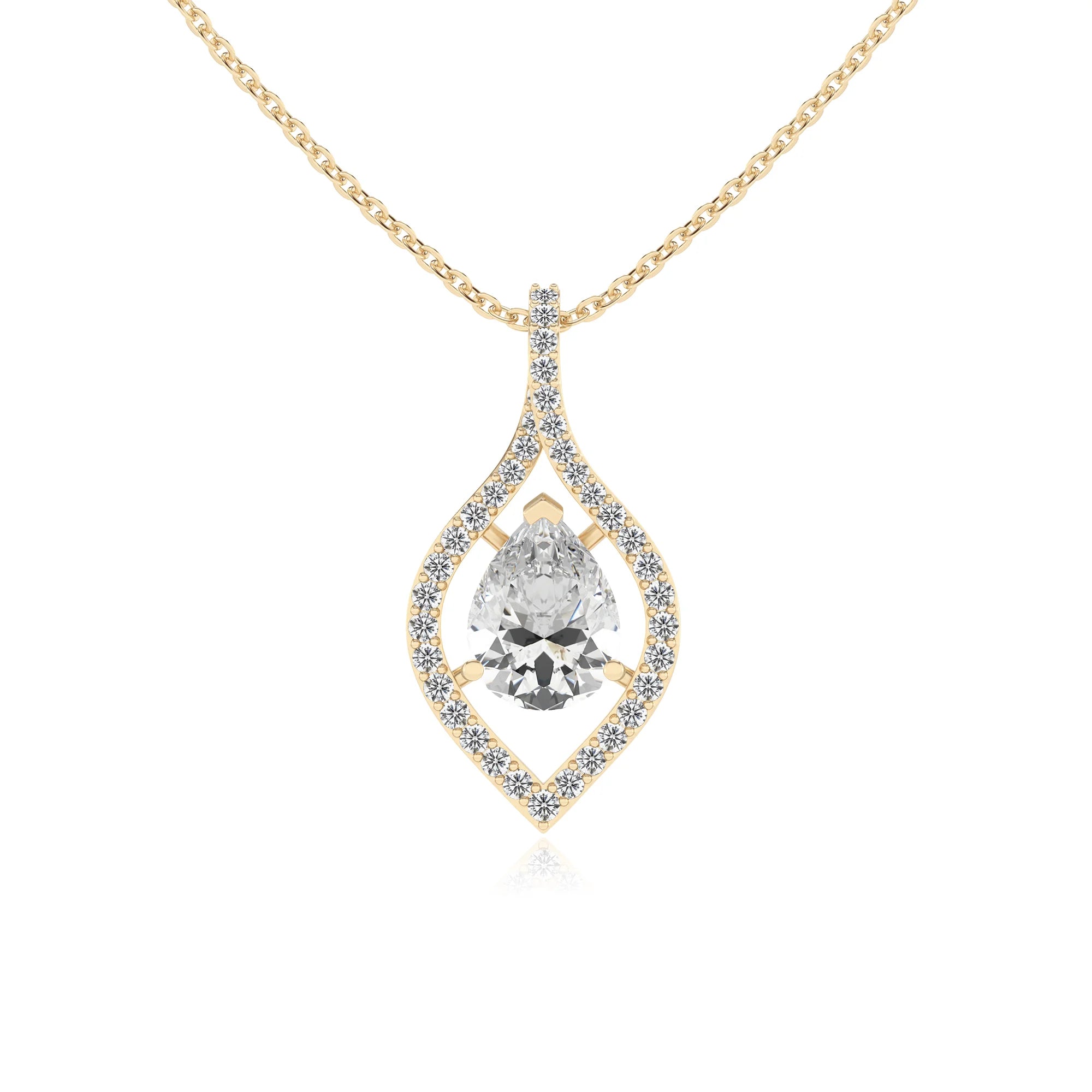 lab grown moissanite pear infinity necklaces in yellow gold 