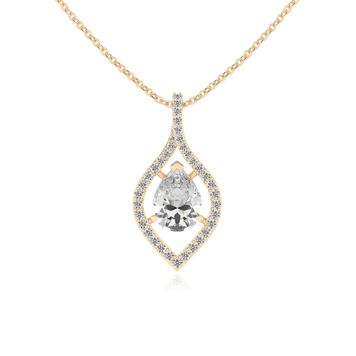 lab grown moissanite pear infinity necklaces in yellow gold 