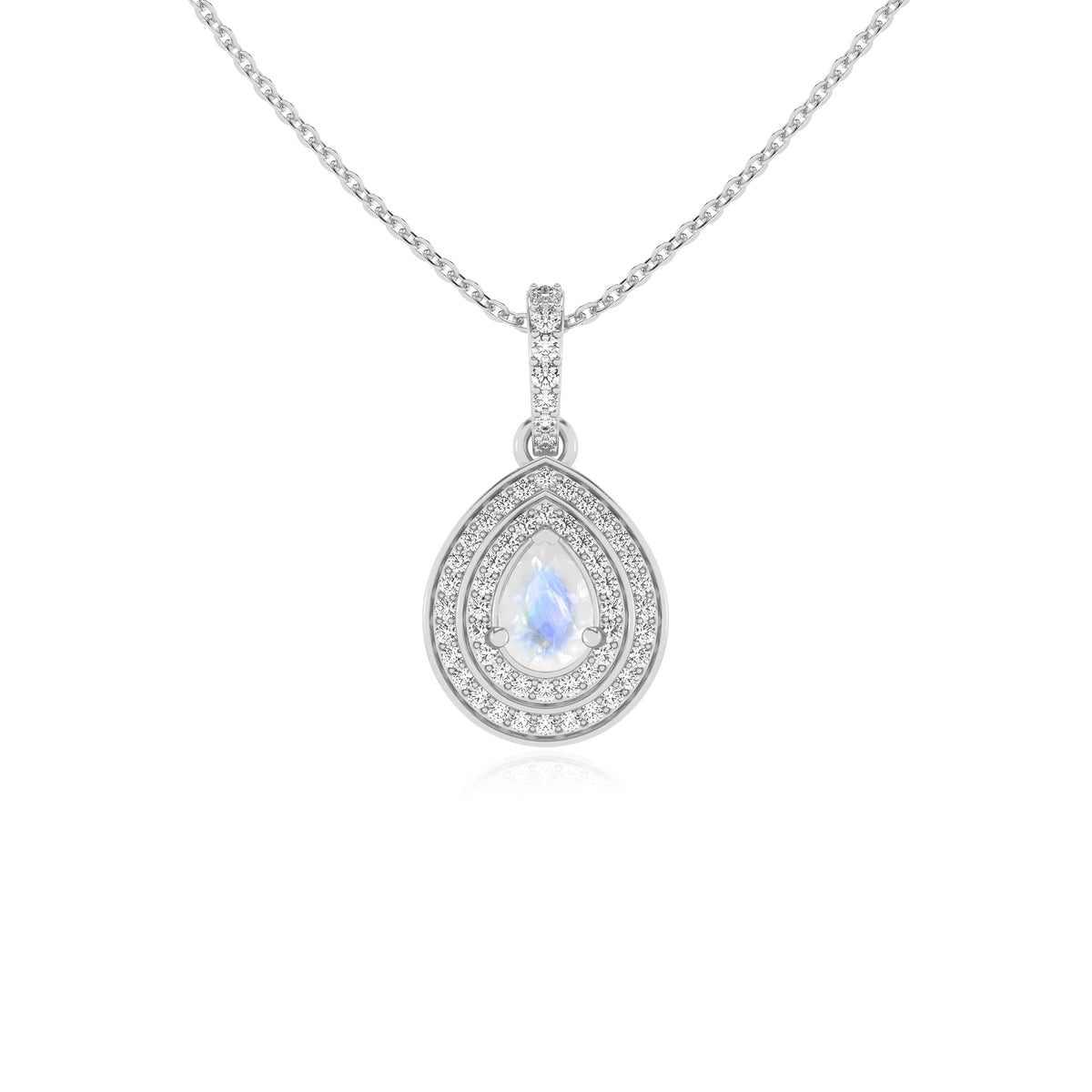 natural rainbow-moonstone pear halo necklaces in white gold 