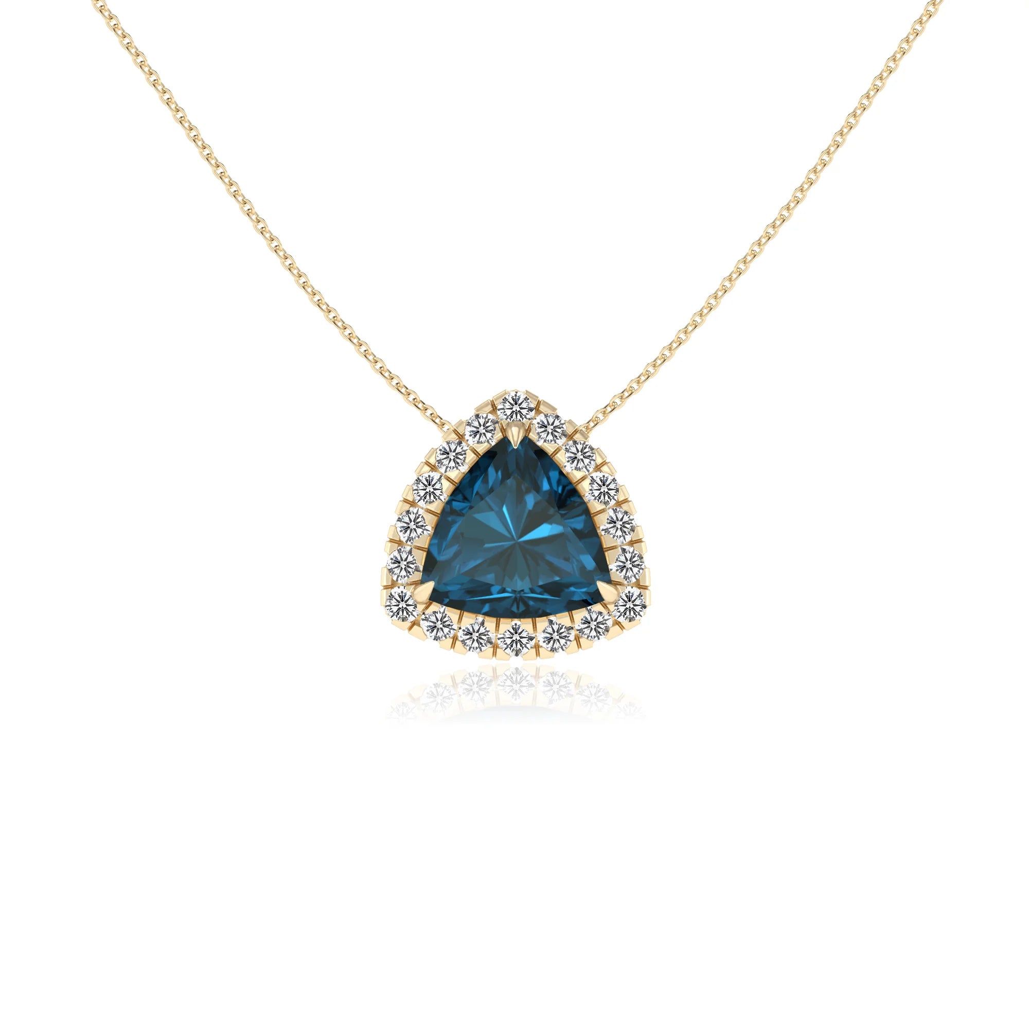 natural london blue topaz trillion solitaire necklaces in yellow gold 