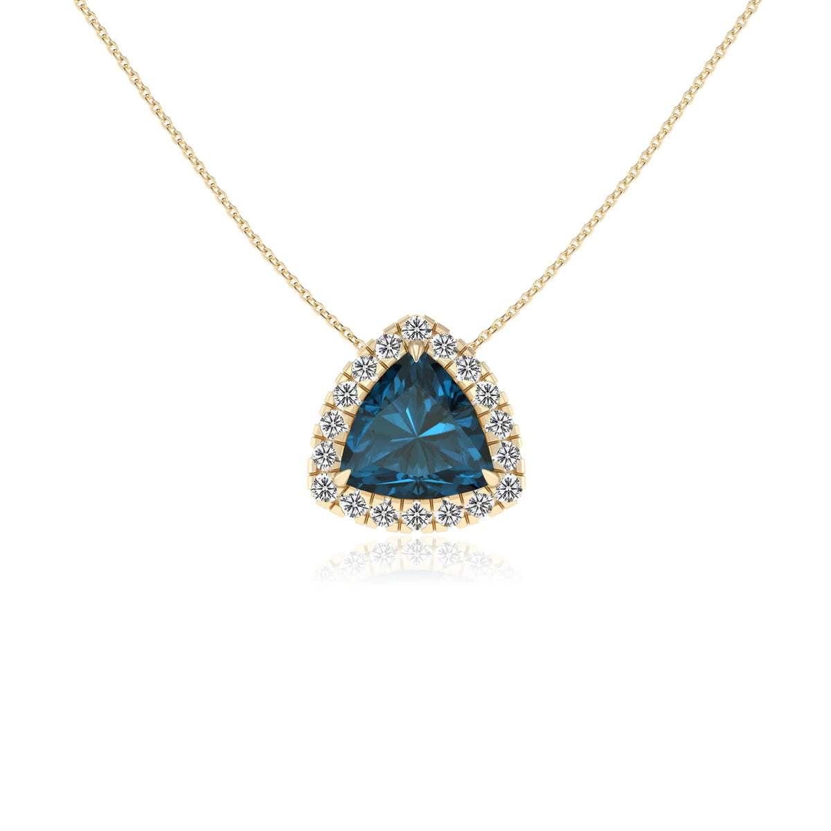 natural london blue topaz trillion solitaire necklaces in yellow gold 