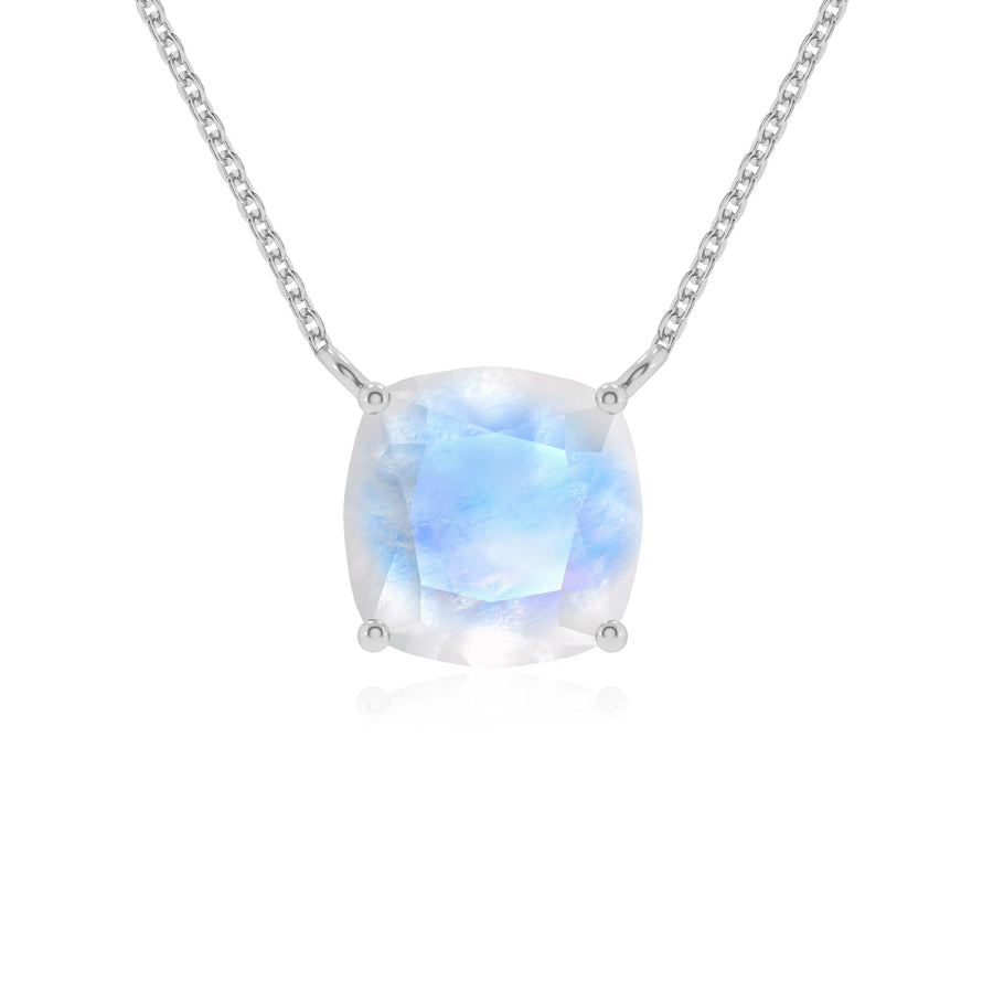 natural rainbow-moonstone cushion solitaire necklaces in white gold 