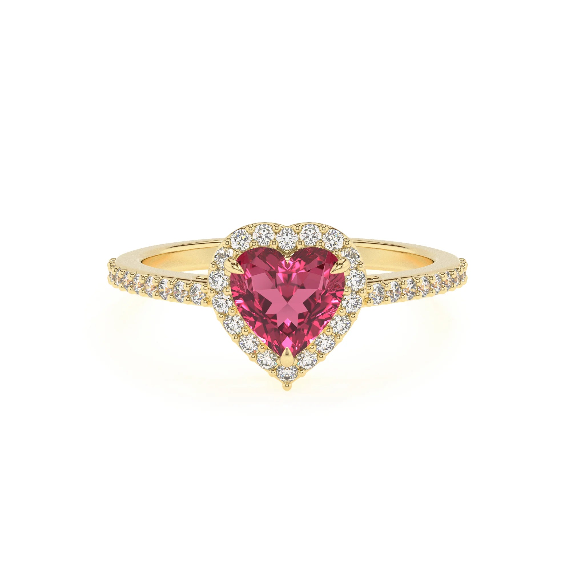 lab grown pink-tourmaline heart solitaire rings in yellow gold 