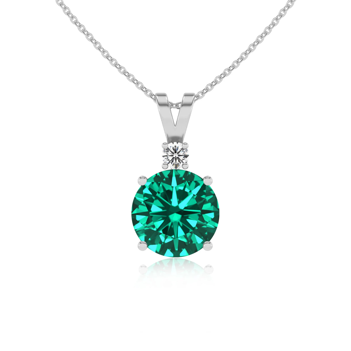 lab grown emerald round solitaire v-bale necklaces in white gold 
