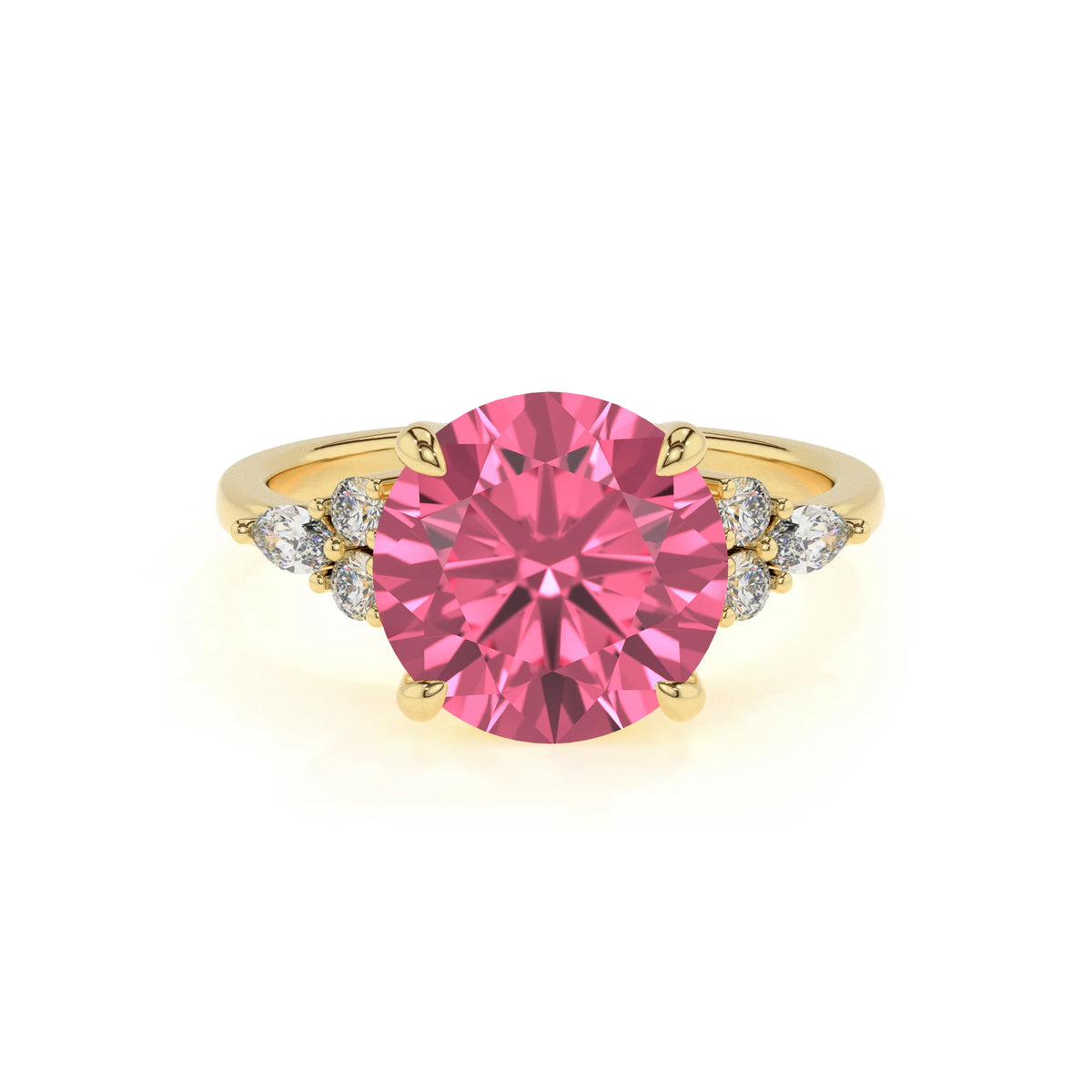 lab grown pink-tourmaline round solitaire rings in yellow gold 