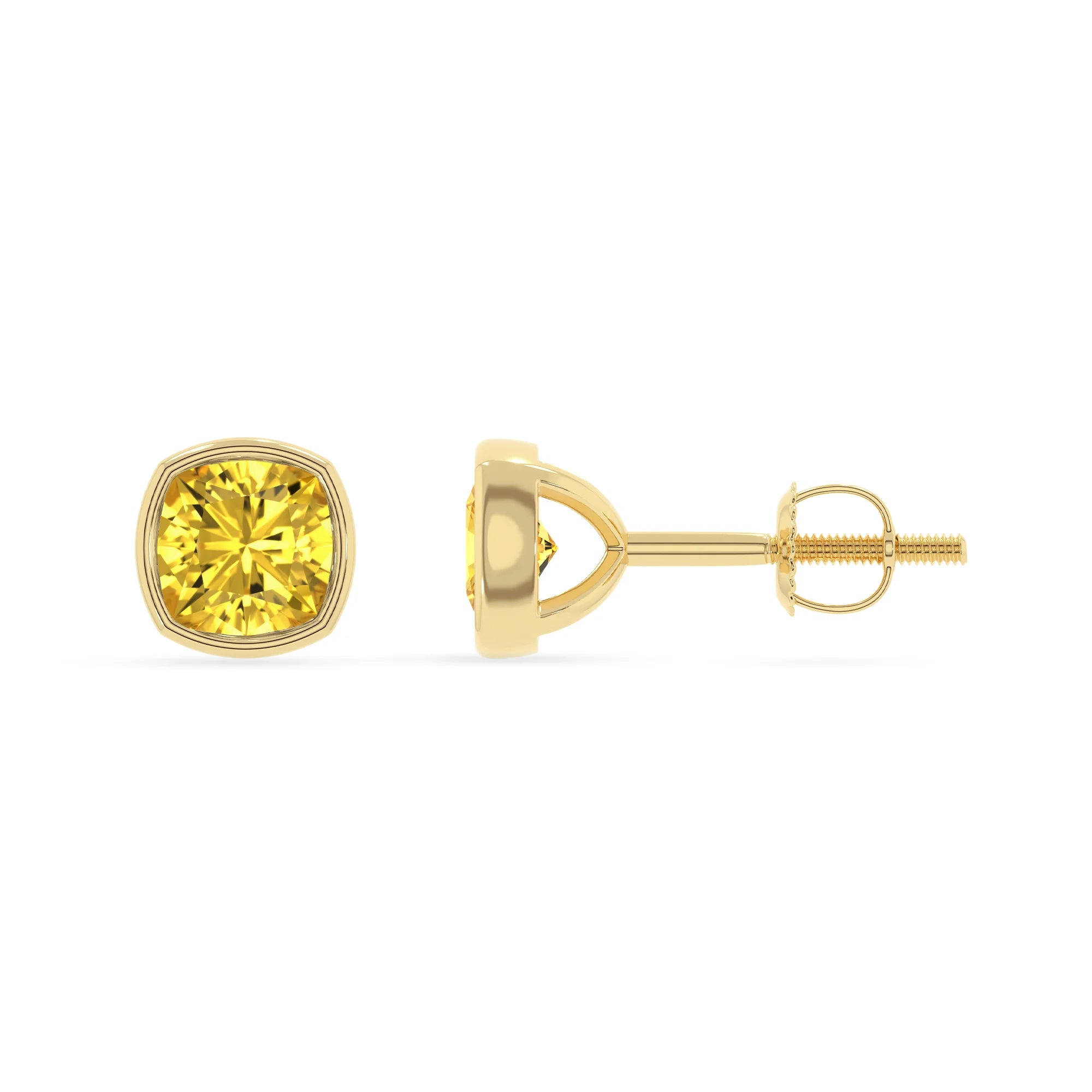 lab grown yellow sapphire cushion stud earrings in yellow gold 
