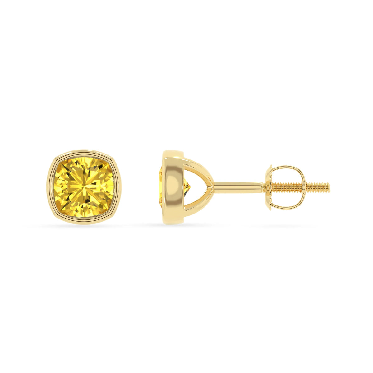 lab grown yellow sapphire cushion stud earrings in yellow gold 