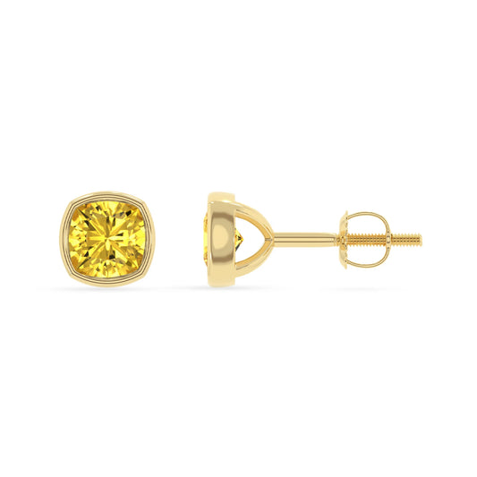 lab grown yellow sapphire cushion stud earrings in yellow gold 