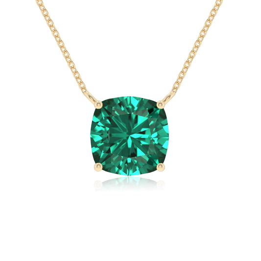 lab grown emerald cushion solitaire necklaces in yellow gold 