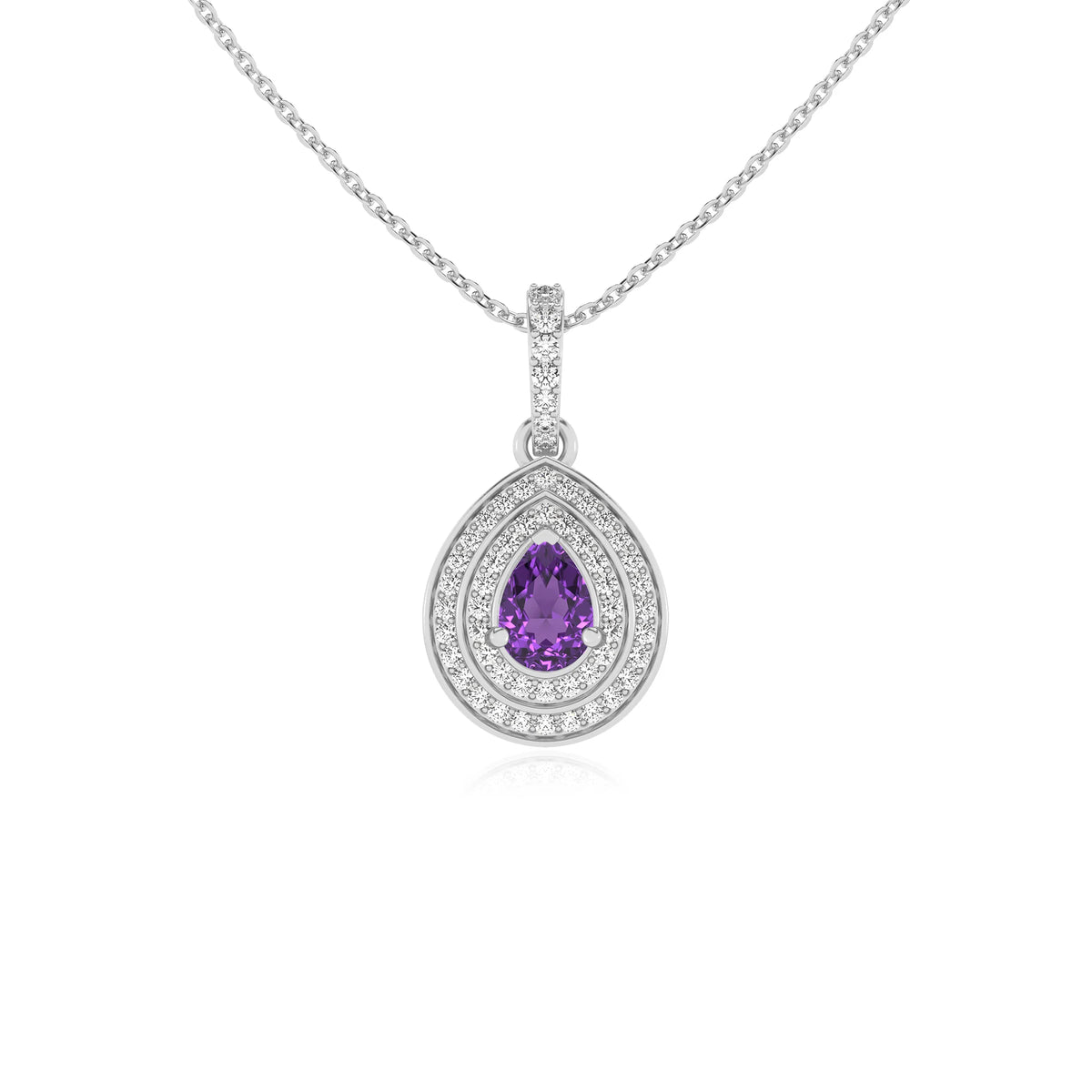 lab grown amethyst pear halo necklaces in platinum 