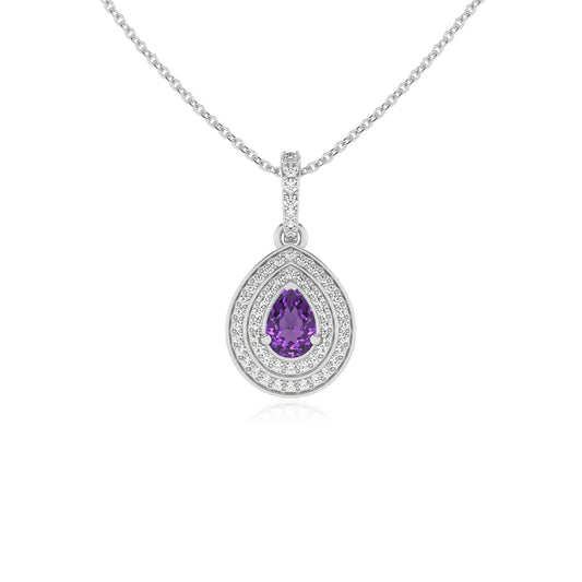 lab grown amethyst pear halo necklaces in platinum 