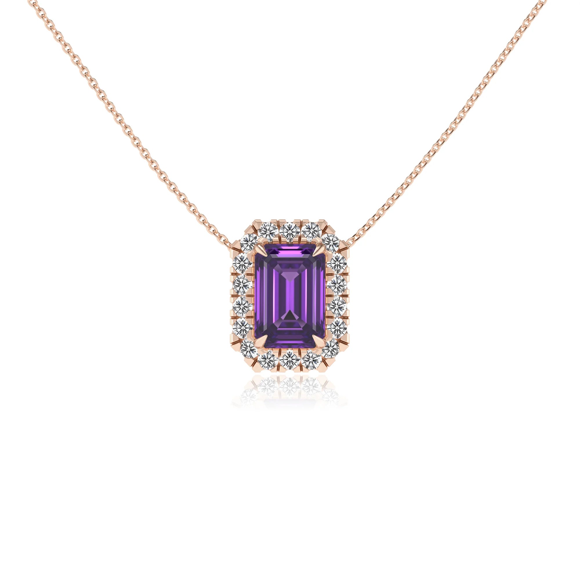 lab grown amethyst emerald cut solitaire necklaces in rose gold 