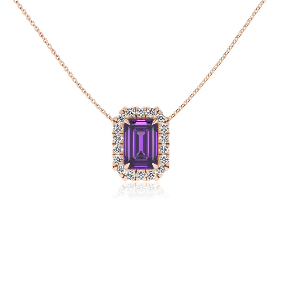 lab grown amethyst emerald cut solitaire necklaces in rose gold 