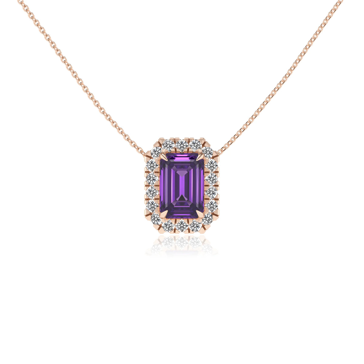 lab grown amethyst emerald cut solitaire necklaces in rose gold 