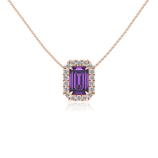 lab grown amethyst emerald cut solitaire necklaces in rose gold 