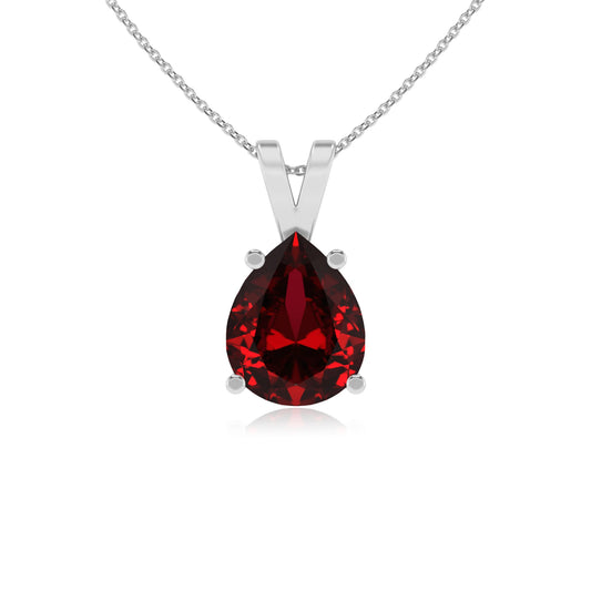 lab grown ruby pear solitaire v-bale necklaces in sterling silver 