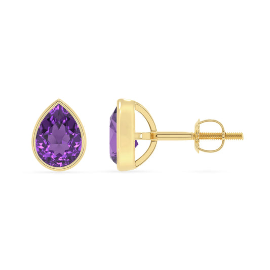 lab grown amethyst pear stud earrings in yellow gold 