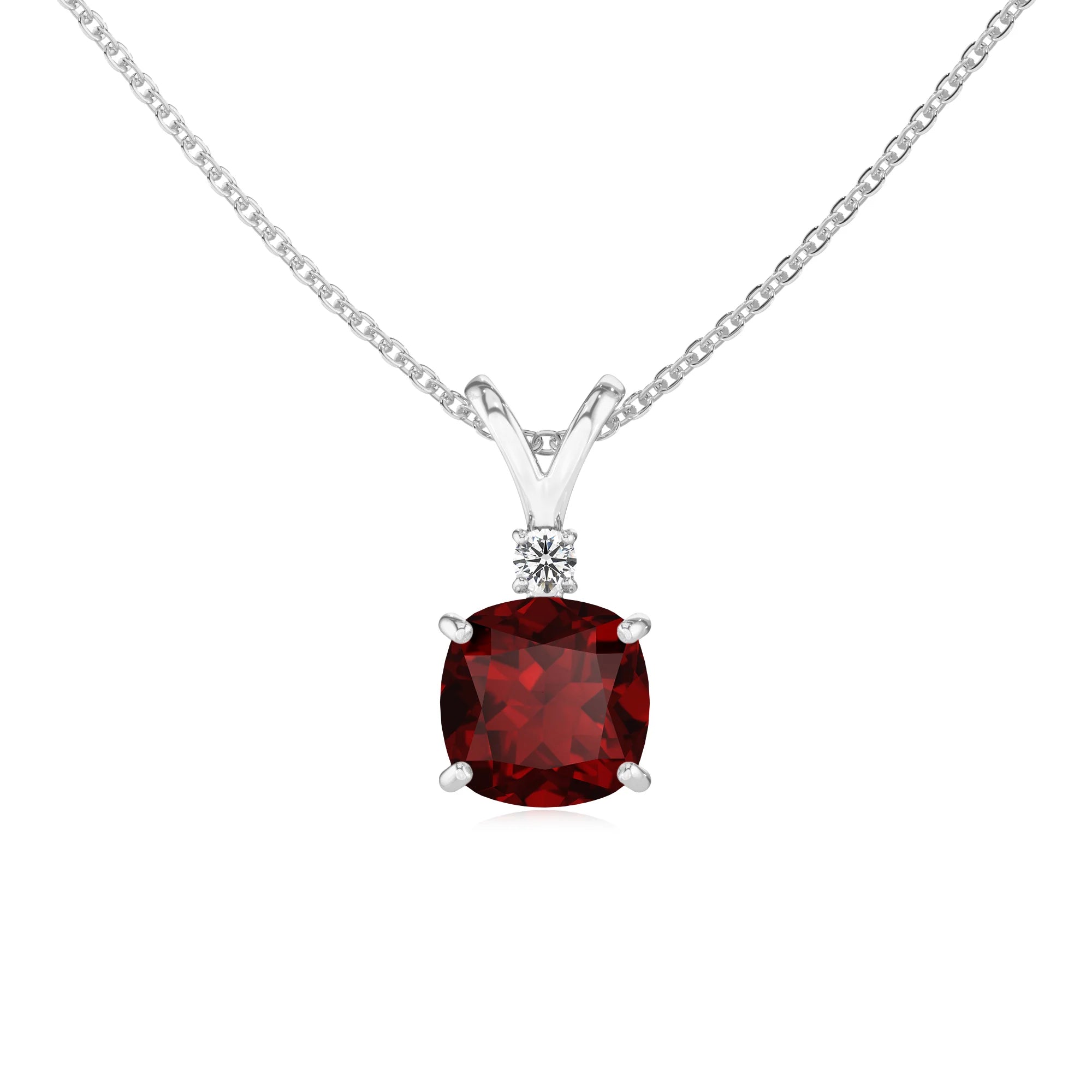 natural garnet cushion solitaire v-bale necklaces in white gold 