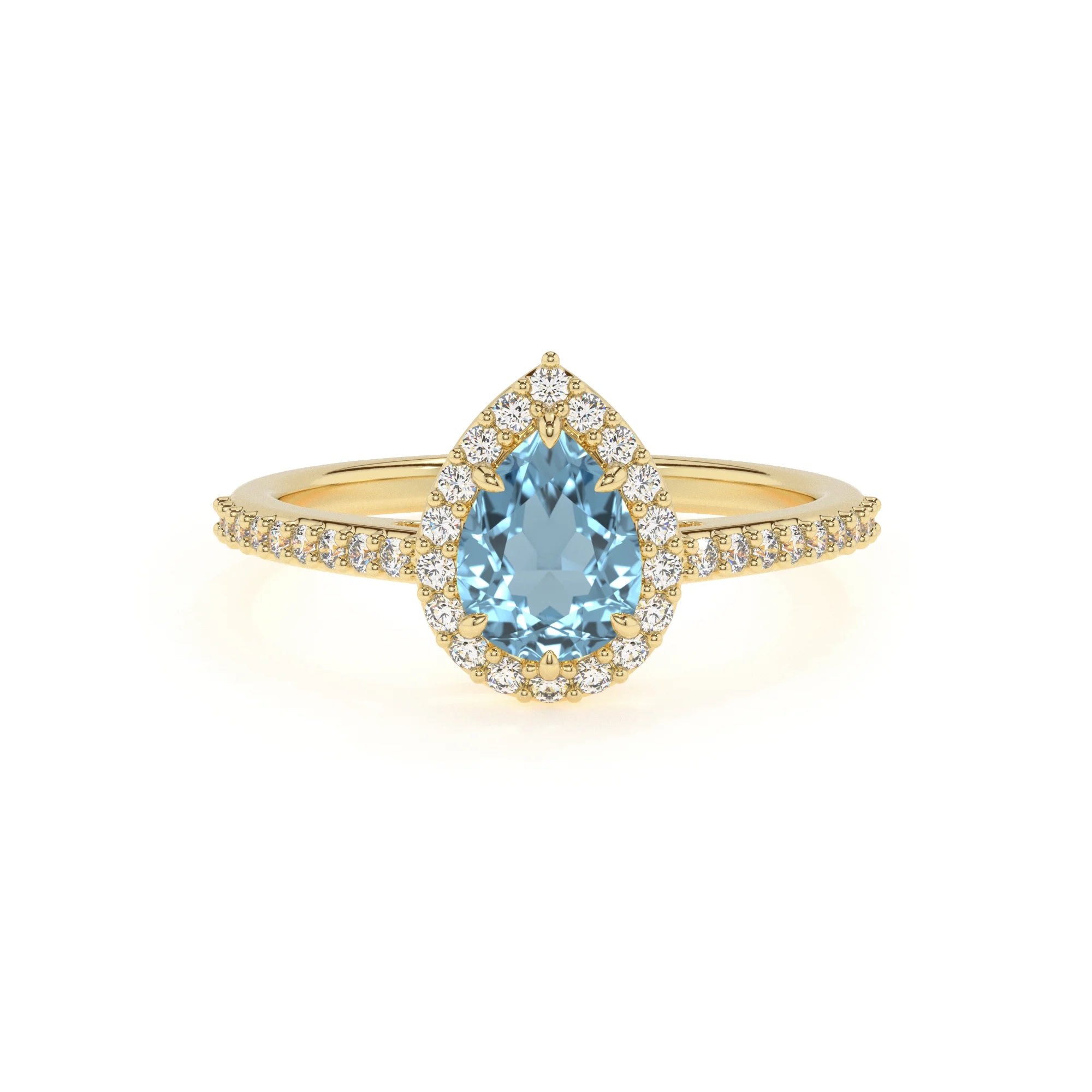 lab grown aquamarine pear solitaire rings in yellow gold 