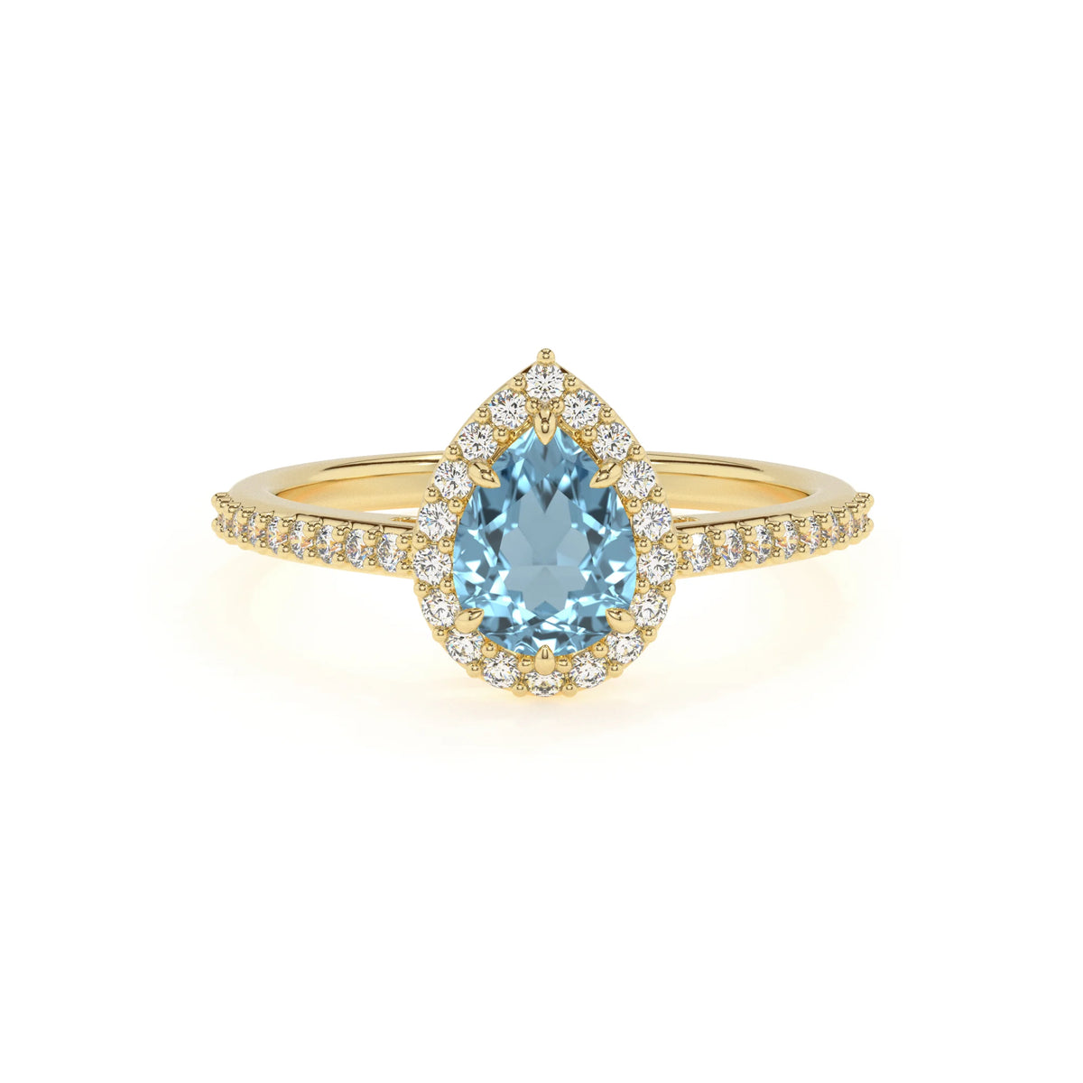 lab grown aquamarine pear solitaire rings in yellow gold 