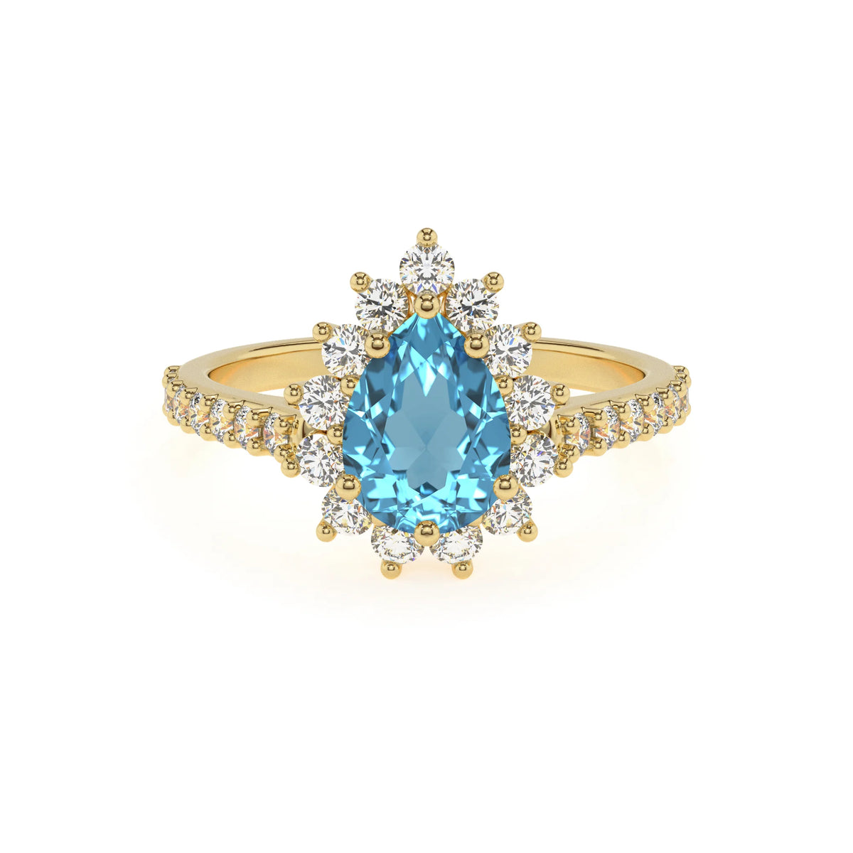 natural swiss-blue-topaz pear solitaire rings in yellow gold 