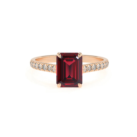 lab grown ruby emerald cut half eternity solitaire engagement rings in rose gold 