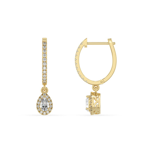lab grown moissanite pear drop earrings in yellow gold 
