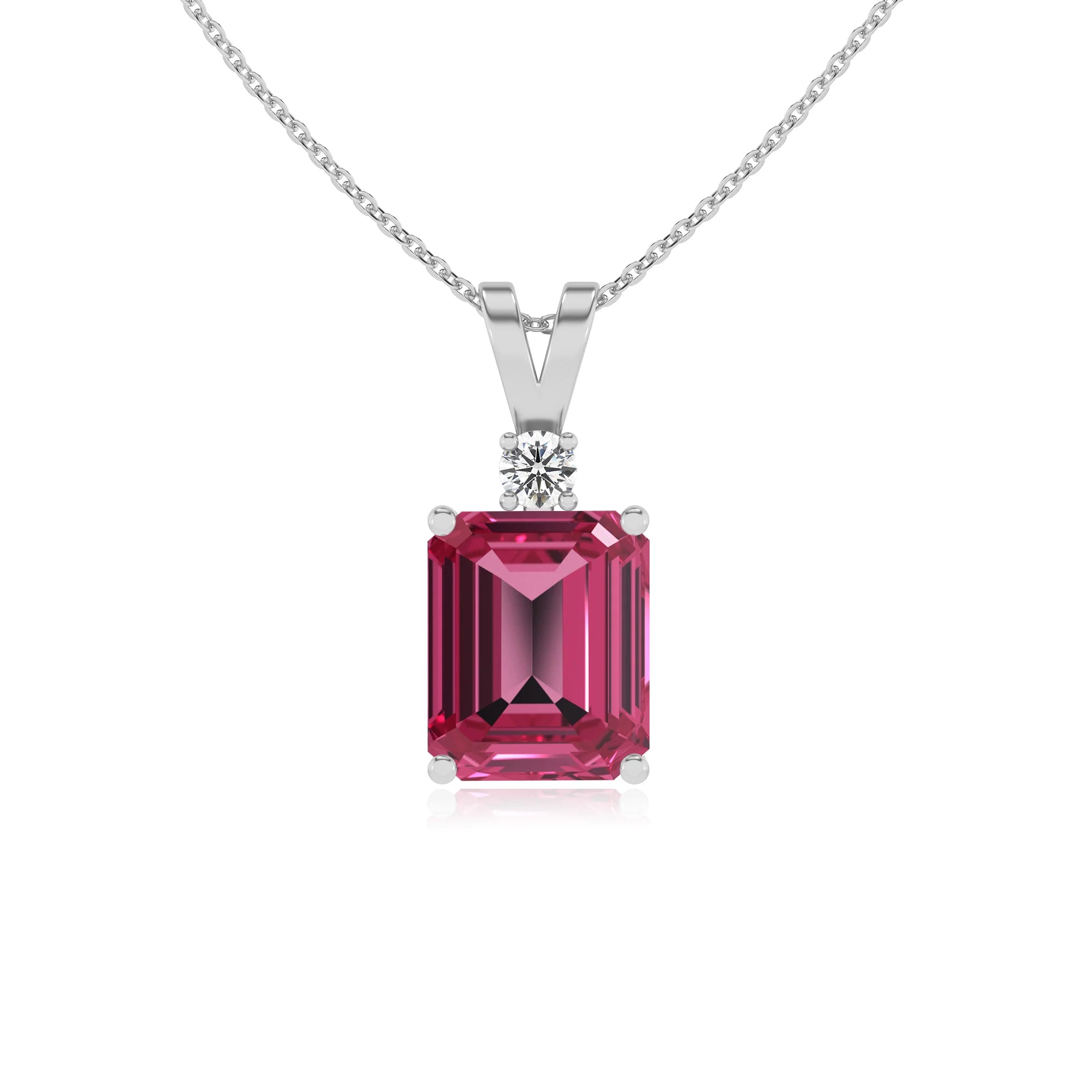 lab grown pink-tourmaline emerald cut solitaire v-bale necklaces in platinum 