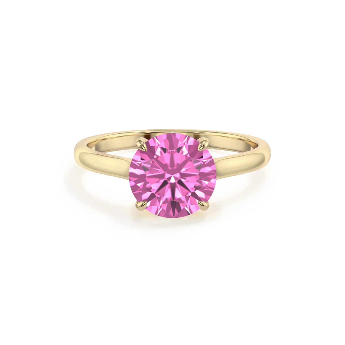 lab grown pink-sapphire round solitaire rings in yellow gold 