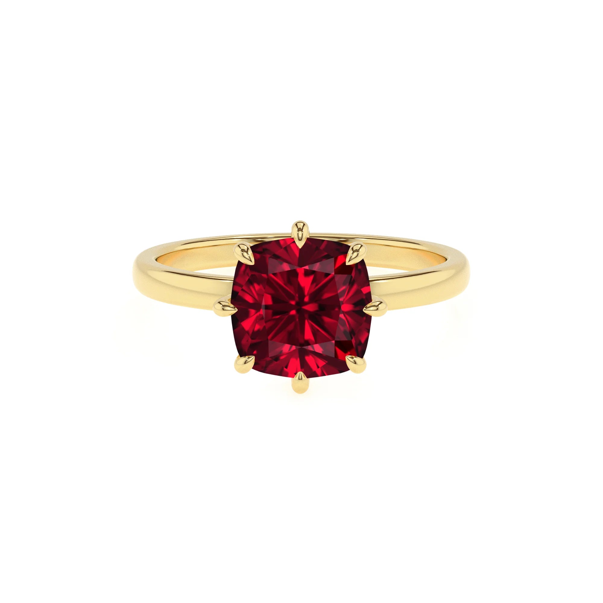 lab grown ruby cushion solitaire rings in yellow gold 