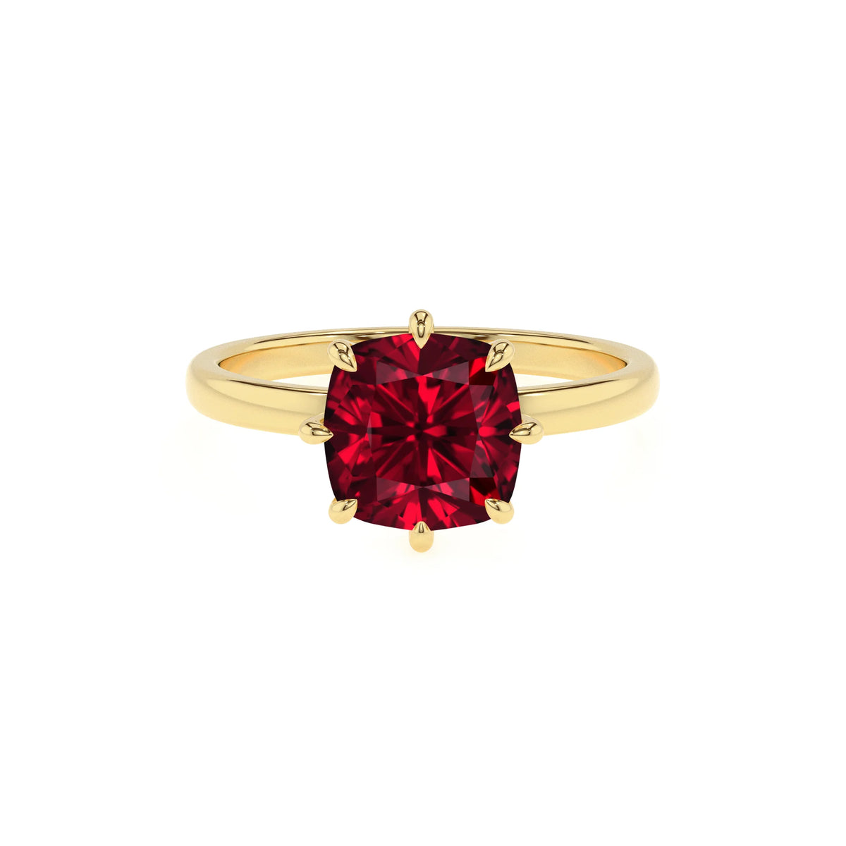 lab grown ruby cushion solitaire rings in yellow gold 