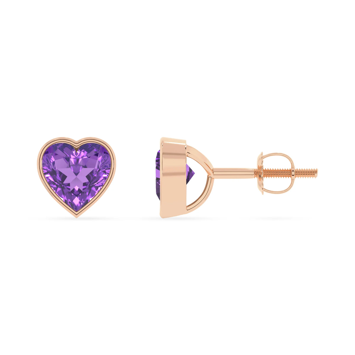 lab grown amethyst heart stud earrings in rose gold 
