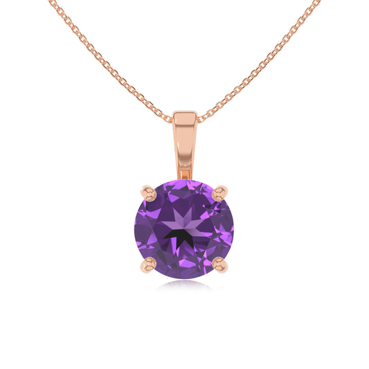 lab grown amethyst round solitaire necklaces in rose gold 