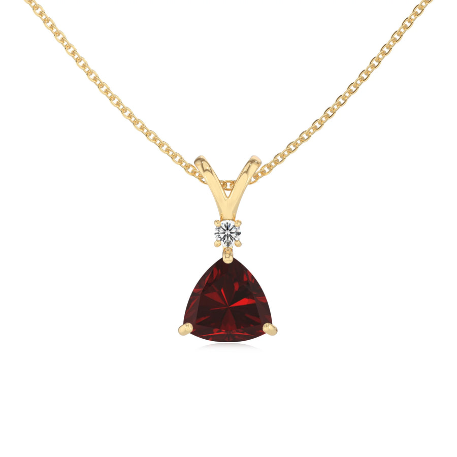 natural garnet trillion solitaire v-bale necklaces in yellow gold 